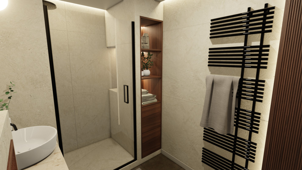 This is an example of a large master bathroom in Nice with beaded inset cabinets, dark wood cabinets, a curbless shower, a wall-mount toilet, white walls, ceramic floors, a drop-in sink, solid surface benchtops, brown floor, a hinged shower door, a single vanity, a built-in vanity, beige tile, stone tile and recessed.