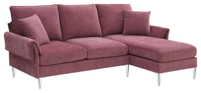 Convertible Sectional Sofa, Chrome Metal Legs With Padded Chenille Seat, Pink