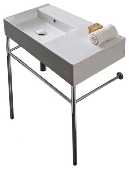 Ceramic Console Sink and Polished Chrome Stand, No Hole