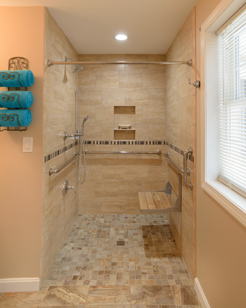 This is an example of a transitional 3/4 bathroom in Boston with a curbless shower, beige tile, ceramic tile and beige walls.