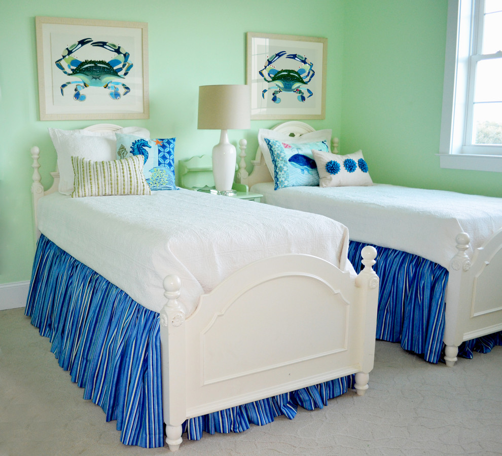 Photo of a mid-sized beach style guest bedroom in DC Metro with green walls, carpet, no fireplace and beige floor.