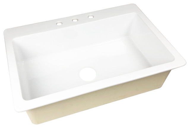 Jackson Drop-in Fireclay 33" 3-Hole Single Bowl Kitchen Sink, Crisp White
