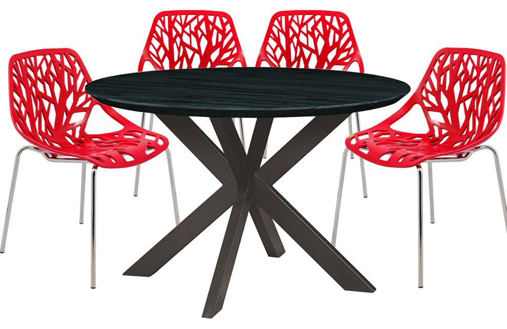 Leisuremod Ravenna 5-Piece Dining Set, 4 Chairs & Table With Geometric Base, Red