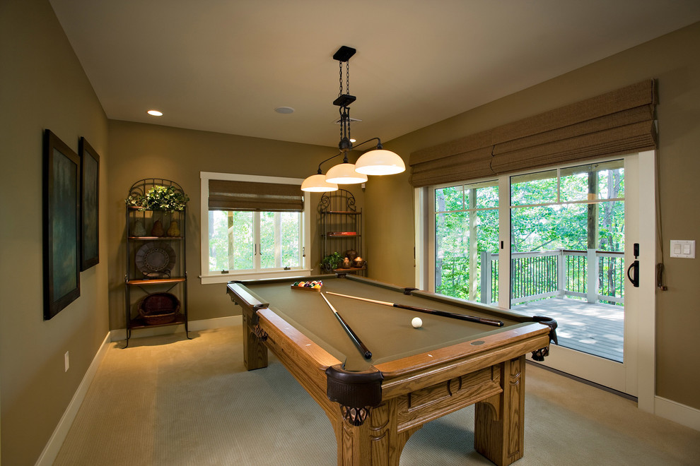 Basement - mid-sized rustic walk-out carpeted basement idea with beige walls and no fireplace