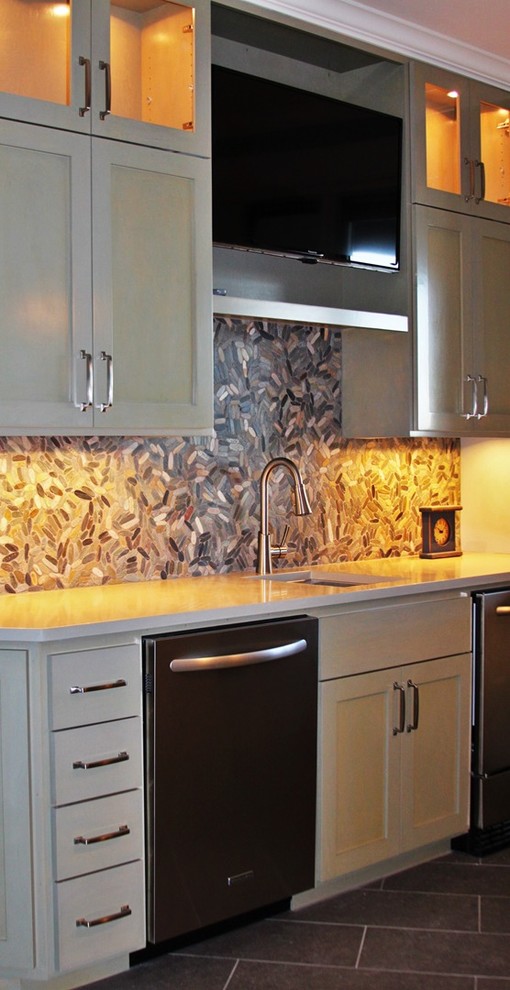 Open concept kitchen - mid-sized single-wall slate floor open concept kitchen idea in Austin with a drop-in sink, gray cabinets, multicolored backsplash, mosaic tile backsplash and stainless steel appliances