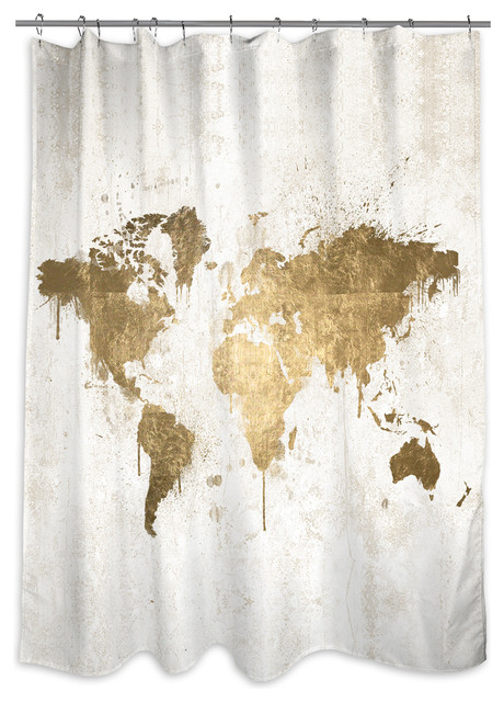 Oliver Gal Mapamundi White Gold, Gold Map Shower Curtain