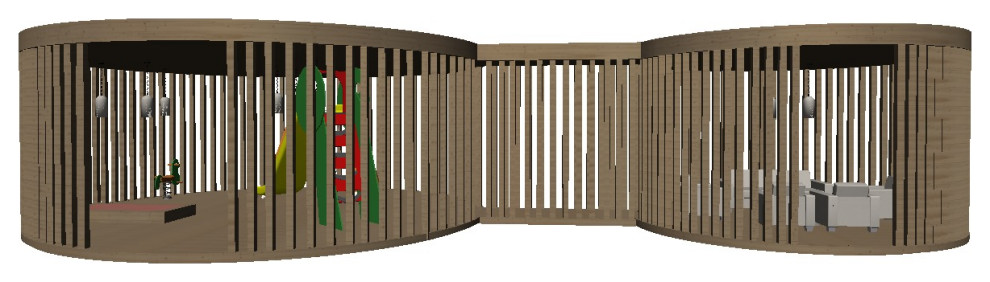 Городская беседка с двумя зонами для детей и для родителей детей.