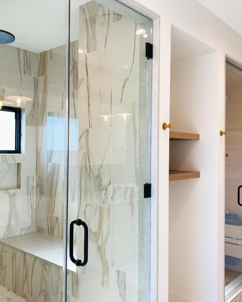Example of a mid-sized eclectic master green tile and ceramic tile porcelain tile, white floor and double-sink bathroom design in Los Angeles with flat-panel cabinets, light wood cabinets, a one-piece toilet, white walls, quartz countertops, a hinged shower door, beige countertops and a built-in vanity