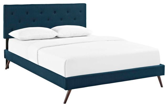 Tarah King Upholstered Fabric Platform Bed With Round Splayed Legs, Azure