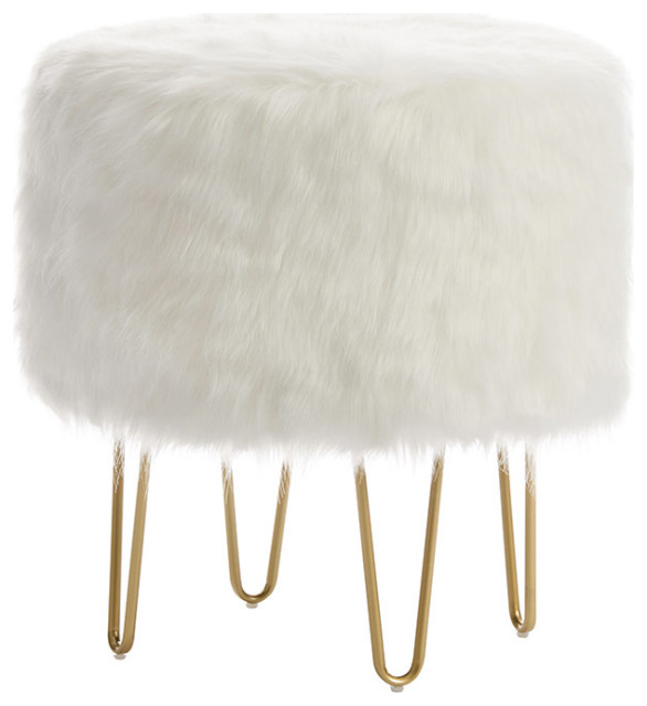 Round Faux Fur Ottoman With Hairpin Legs Midcentury Footstools And