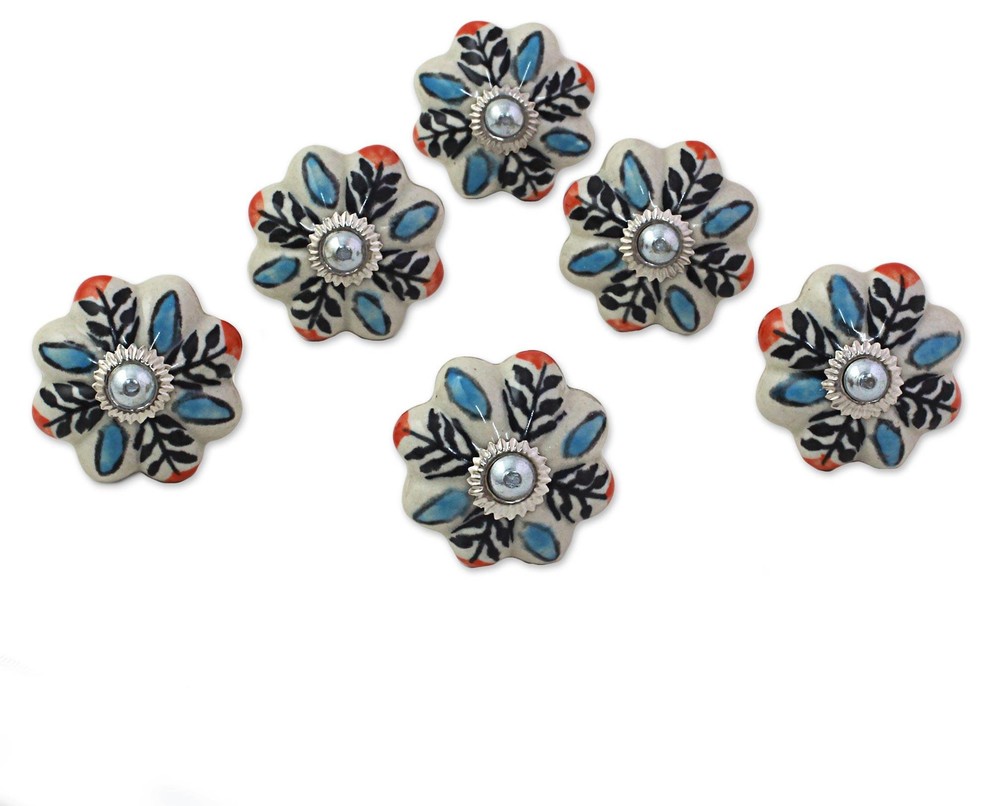 Multicolored Flower Harmony Ceramic Cabinet Knobs, Set of 6