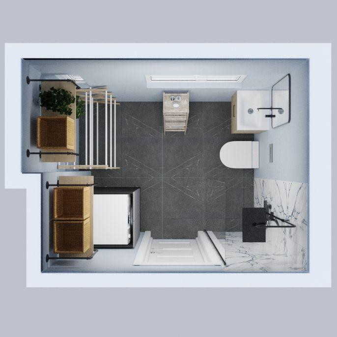 Photo of a medium sized contemporary wet room bathroom in London with white cabinets, a wall mounted toilet, blue tiles, stone tiles, blue walls, marble flooring, a console sink, grey floors, an open shower, a laundry area, a single sink and a floating vanity unit.