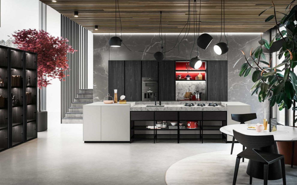 Design ideas for a large modern single-wall open plan kitchen in San Diego with a submerged sink, flat-panel cabinets, dark wood cabinets, concrete worktops, black appliances, concrete flooring, an island and grey worktops.