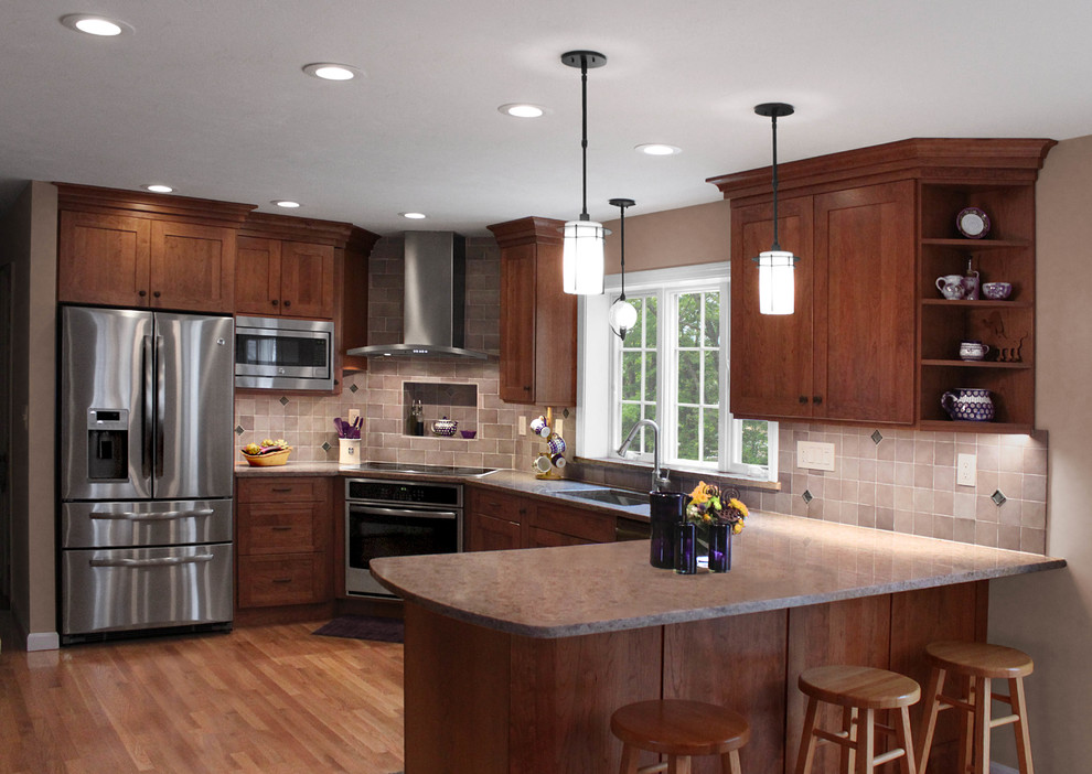 Large transitional u-shaped light wood floor eat-in kitchen photo in Boston with an undermount sink, shaker cabinets, medium tone wood cabinets, quartz countertops, gray backsplash, porcelain backsplash, stainless steel appliances and a peninsula