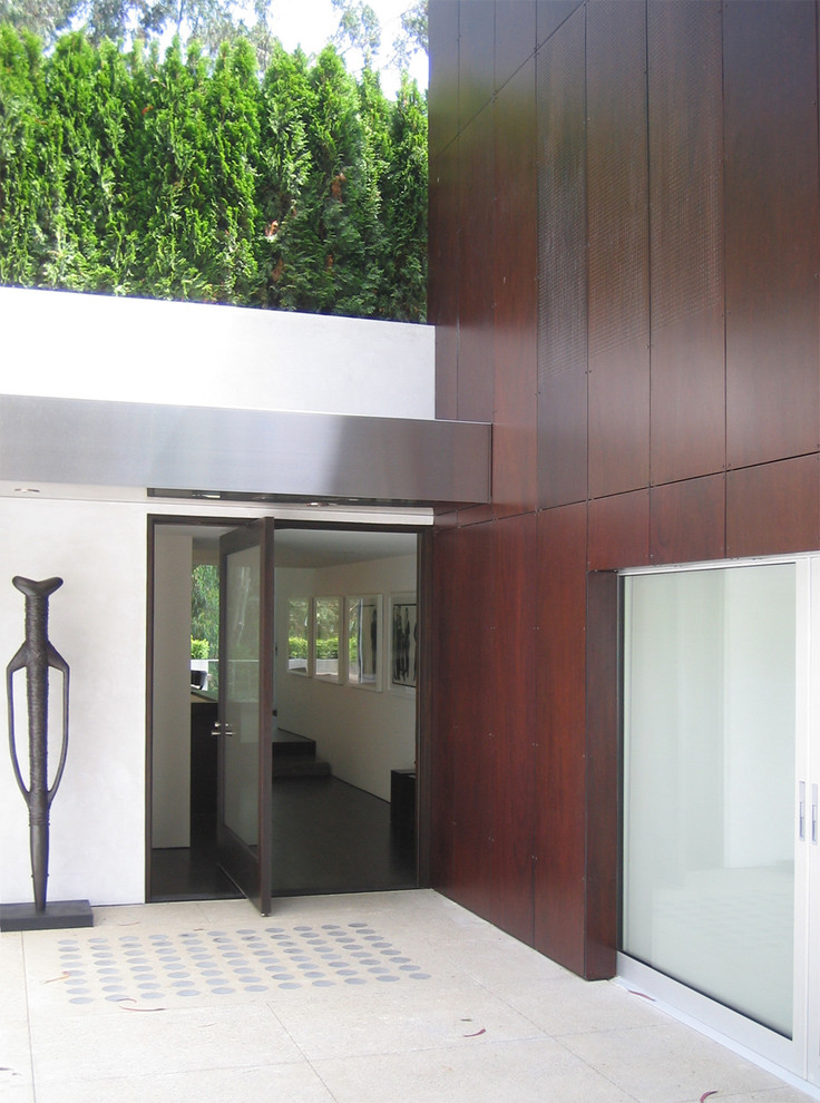 This is an example of a modern entryway in San Francisco with a pivot front door and a glass front door.