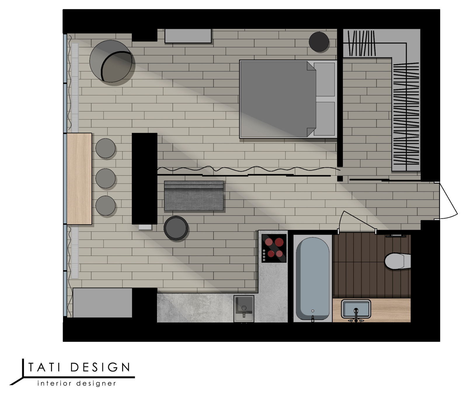 Квартира студия с панорамными окнами.