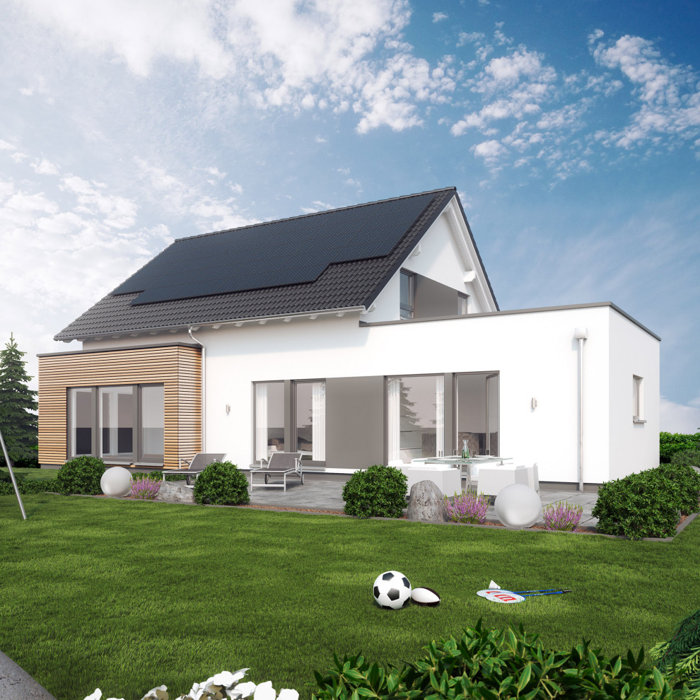 Diseño de fachada de casa blanca y gris actual grande de dos plantas con revestimientos combinados, tejado a dos aguas y tejado de teja de barro