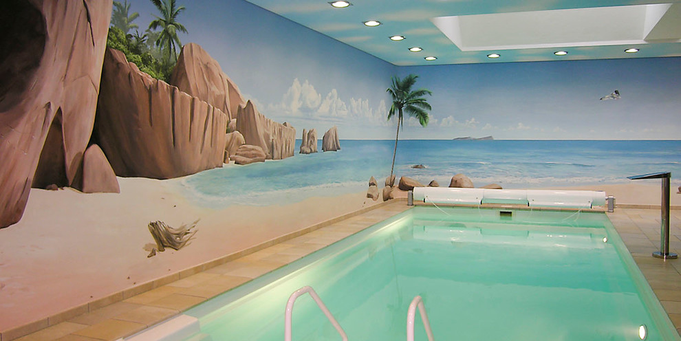 Design ideas for a small contemporary indoor rectangular pool in Berlin with tile.