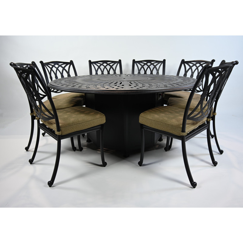 Windsor Cast Aluminum 9 Piece Round Fire Table Dining Set