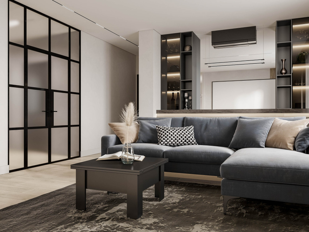 Гостиная и кухня в бежево-серых оттенках