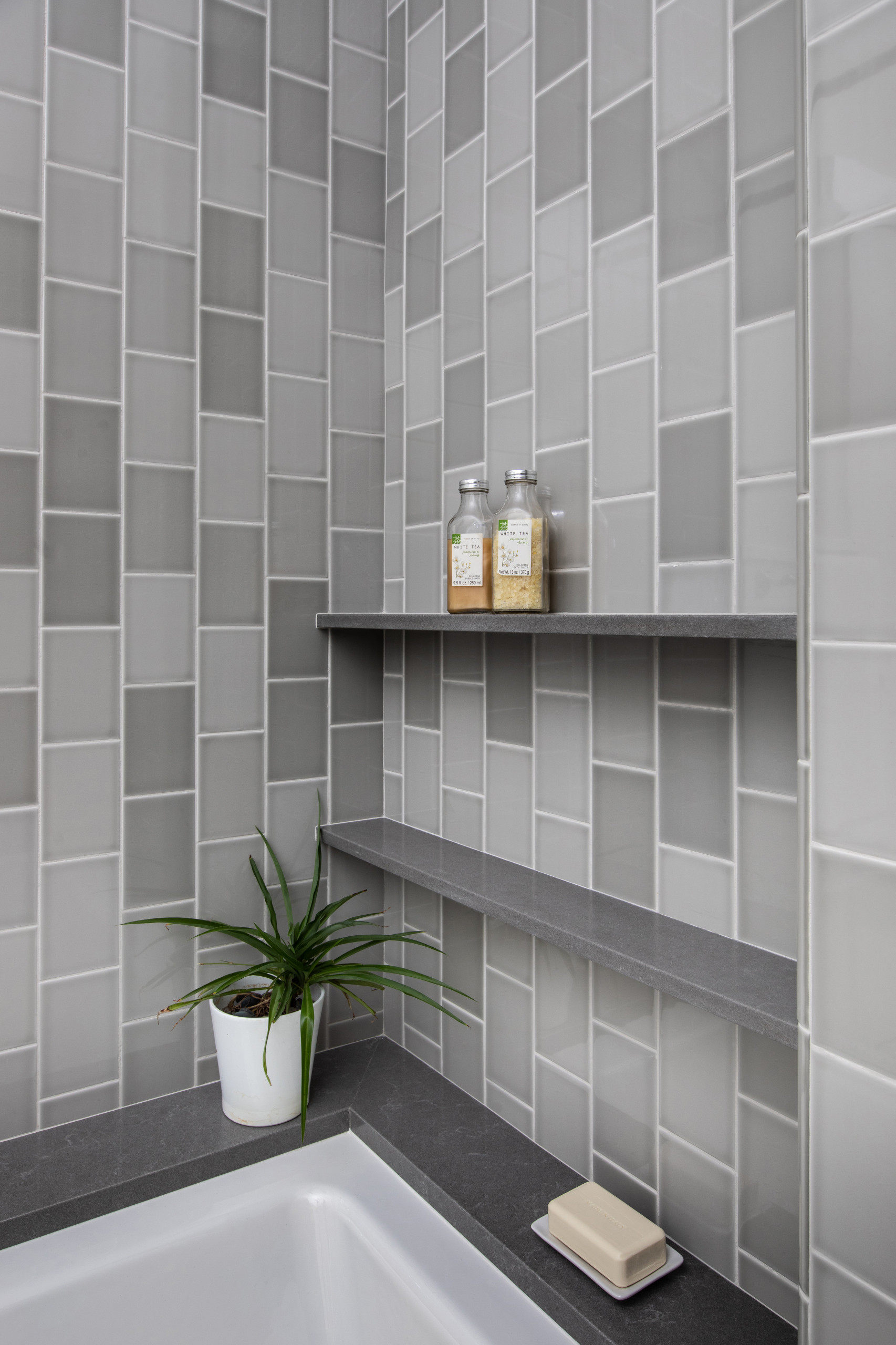 Example of a large arts and crafts master white tile and ceramic tile marble floor, white floor, double-sink and wainscoting bathroom design in Los Angeles with shaker cabinets, white cabinets, white