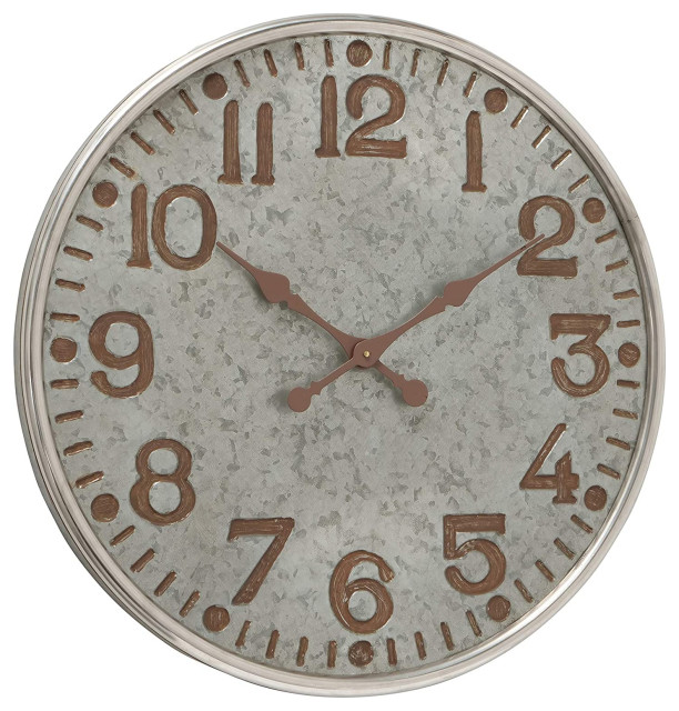 Unique Wall Clock, Grey Galvanized Metal and Gold Painted Raised