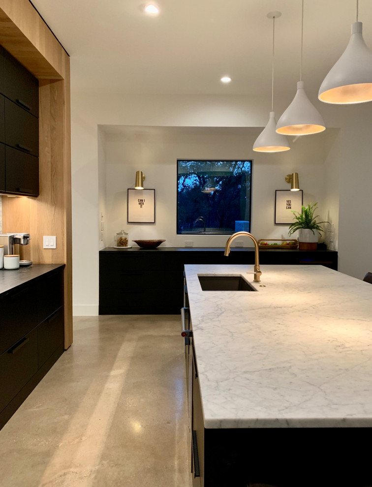 Design ideas for a country open plan kitchen in Austin with flat-panel cabinets, black cabinets, marble benchtops, multi-coloured splashback, cement tile splashback, with island and white benchtop.