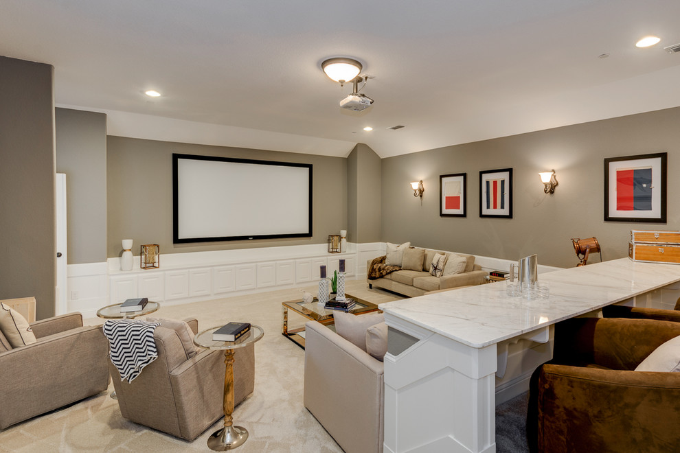 Inspiration for a traditional enclosed home theatre in Dallas with beige walls, carpet and a projector screen.