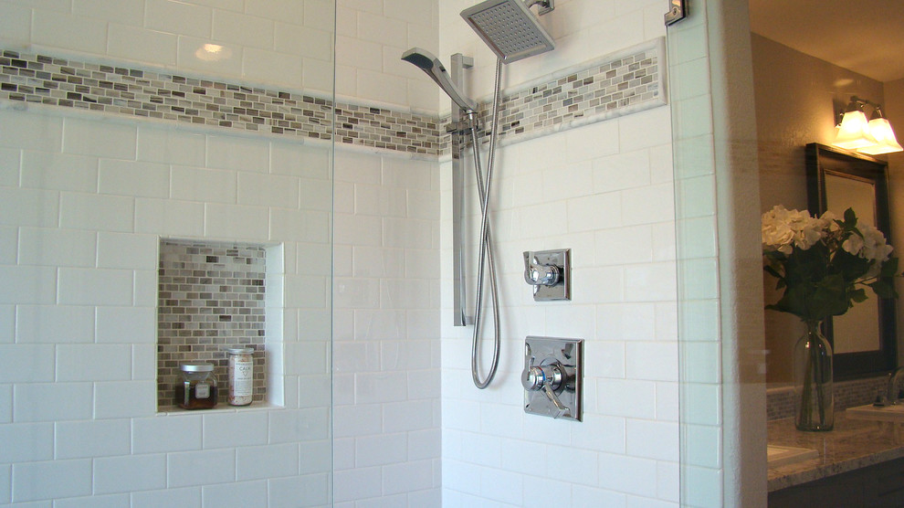 Bathroom - large transitional master gray tile and mosaic tile bathroom idea in Denver with shaker cabinets, gray cabinets and granite countertops