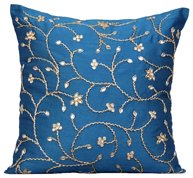 Blue Decorative Pillow Shams 24"x24" Silk, Peacock Blue Ivy