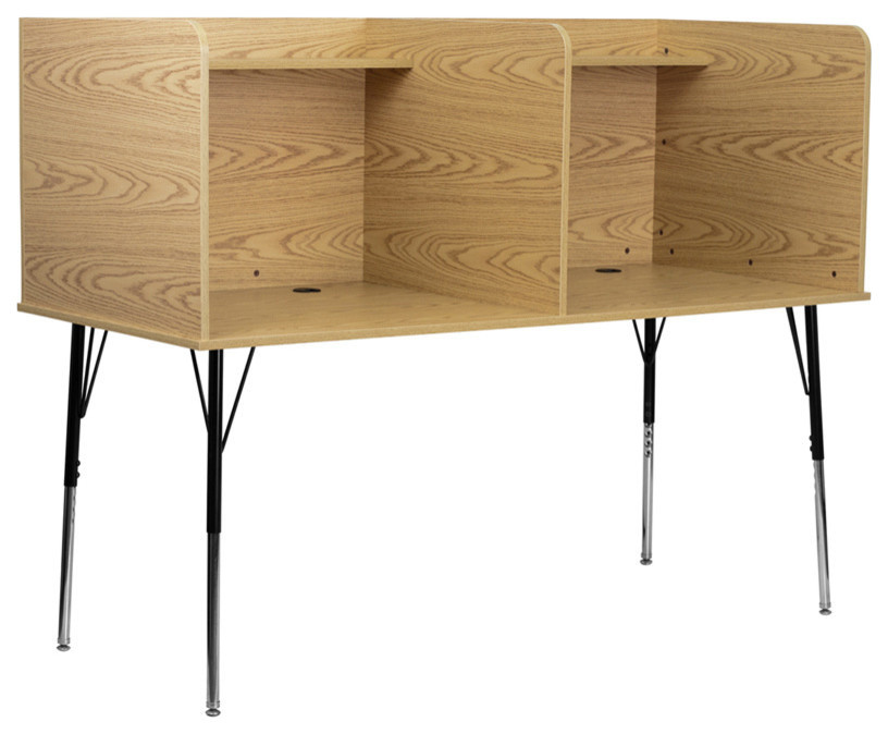 Offex Double Wide Study Carrel With Adjustable Legs and Top Shelf, Oak Finish