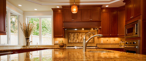 traditional kitchen with brown cabinets