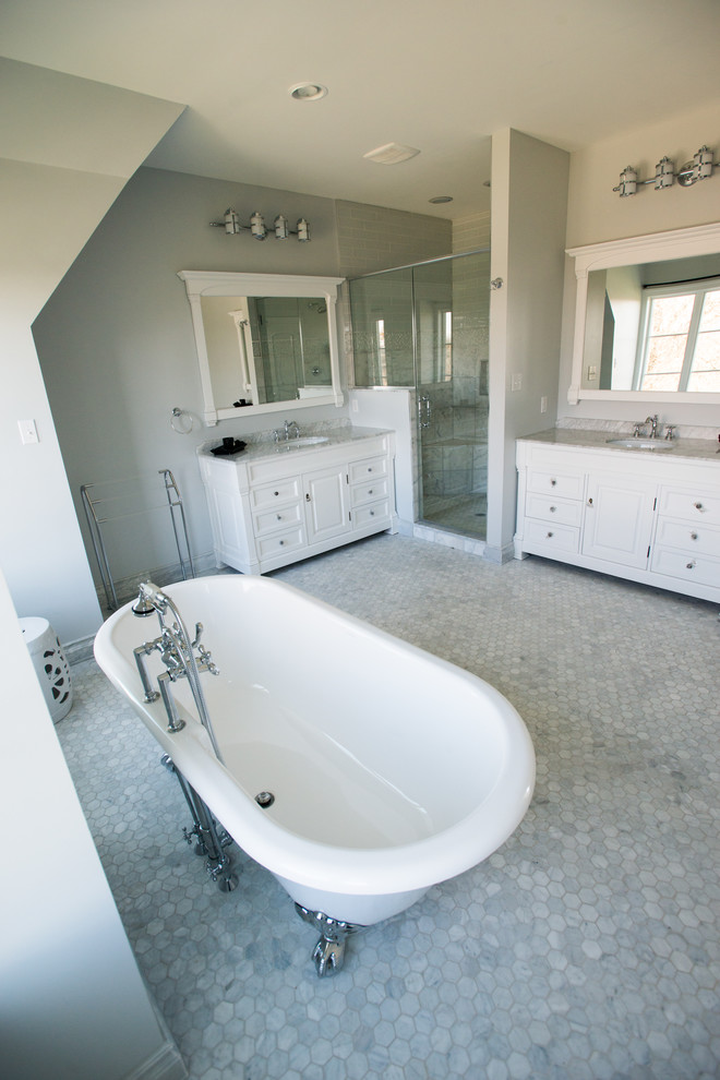 Design ideas for a large traditional master bathroom in Other with raised-panel cabinets, white cabinets, a freestanding tub, an open shower, a one-piece toilet, gray tile, white tile, stone tile, green walls, terra-cotta floors, a drop-in sink and soapstone benchtops.
