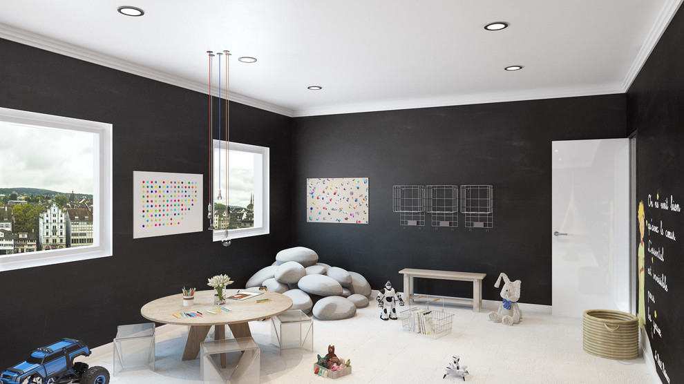 Contemporary gender-neutral kids' room in Miami with black walls.