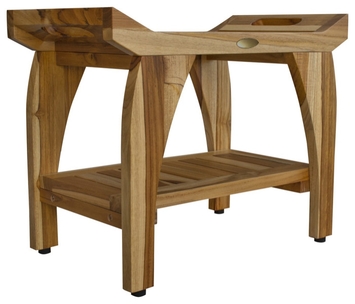 Compact Rectangular Teak Shower Bench With Handles, Natural Finish