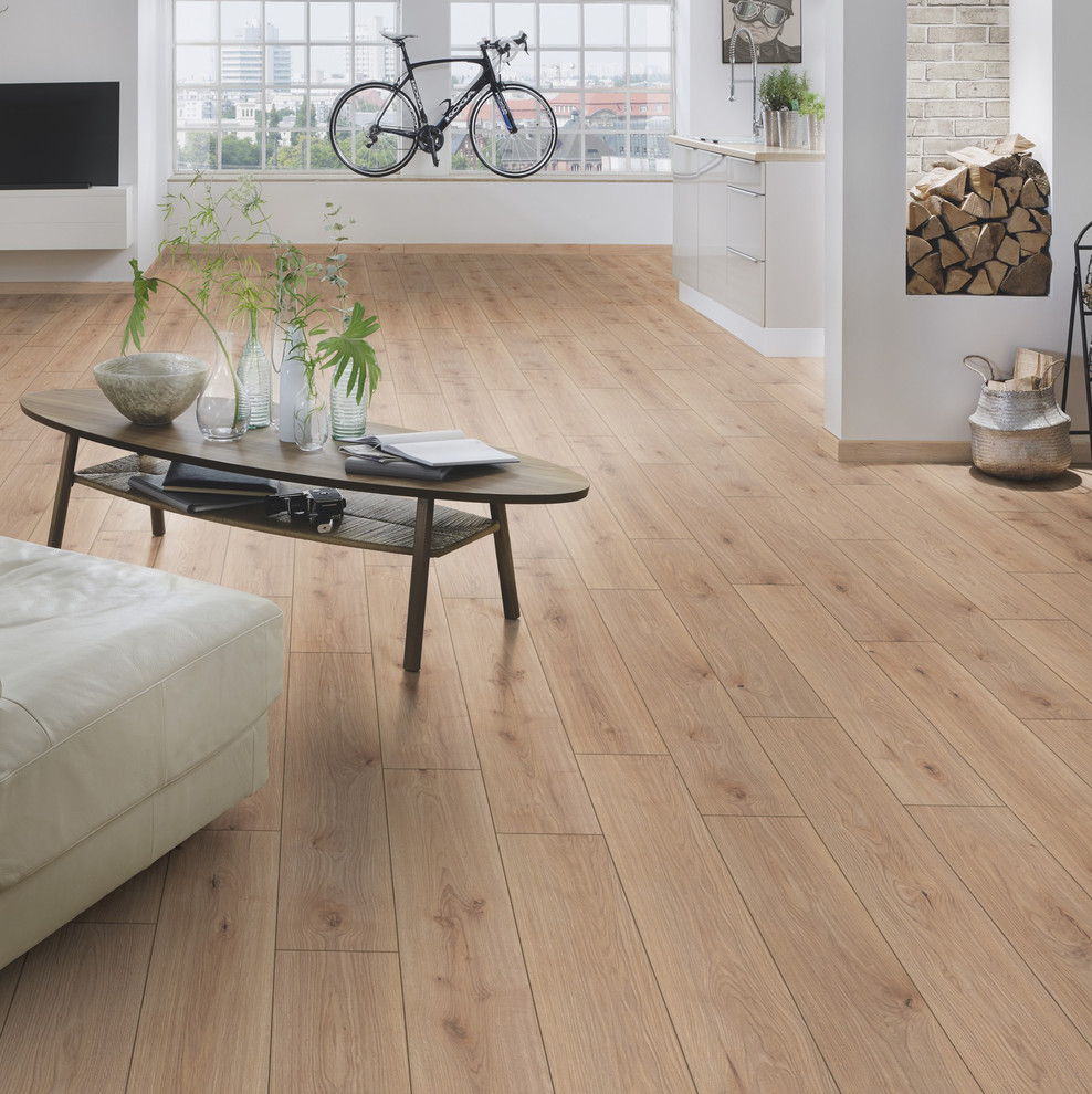 Home design - rustic laminate floor and beige floor home design idea in Los Angeles with white walls