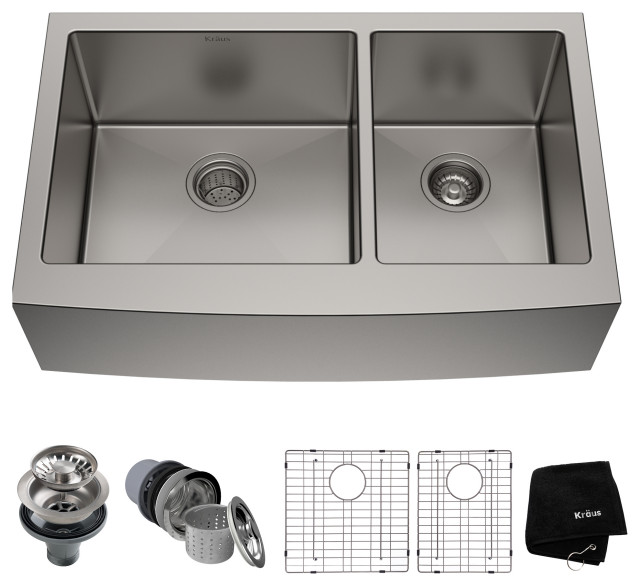 Kraus 33" Farmhouse 60/40 Kitchen Sink, Stainless Steel, Accessories