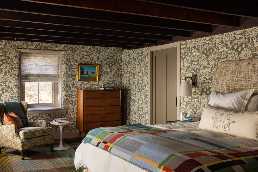 Example of a cottage carpeted, multicolored floor, exposed beam and wallpaper bedroom design in Philadelphia with multicolored walls