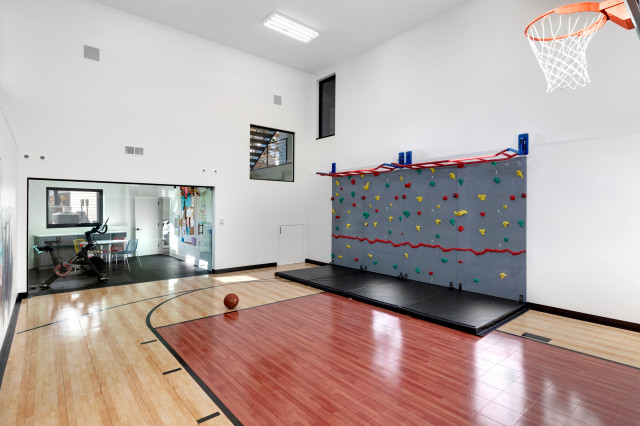 Home Indoor Fitness Center with Climbing Wall and Monkey Bars