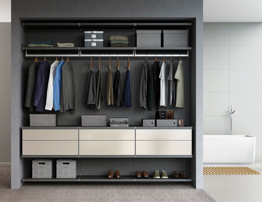 This is an example of a mid-sized modern men's built-in wardrobe in San Diego with flat-panel cabinets and carpet.