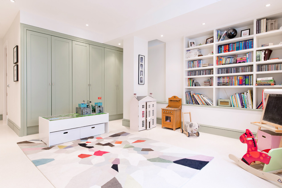 Transitional gender-neutral kids' room in London with white walls.