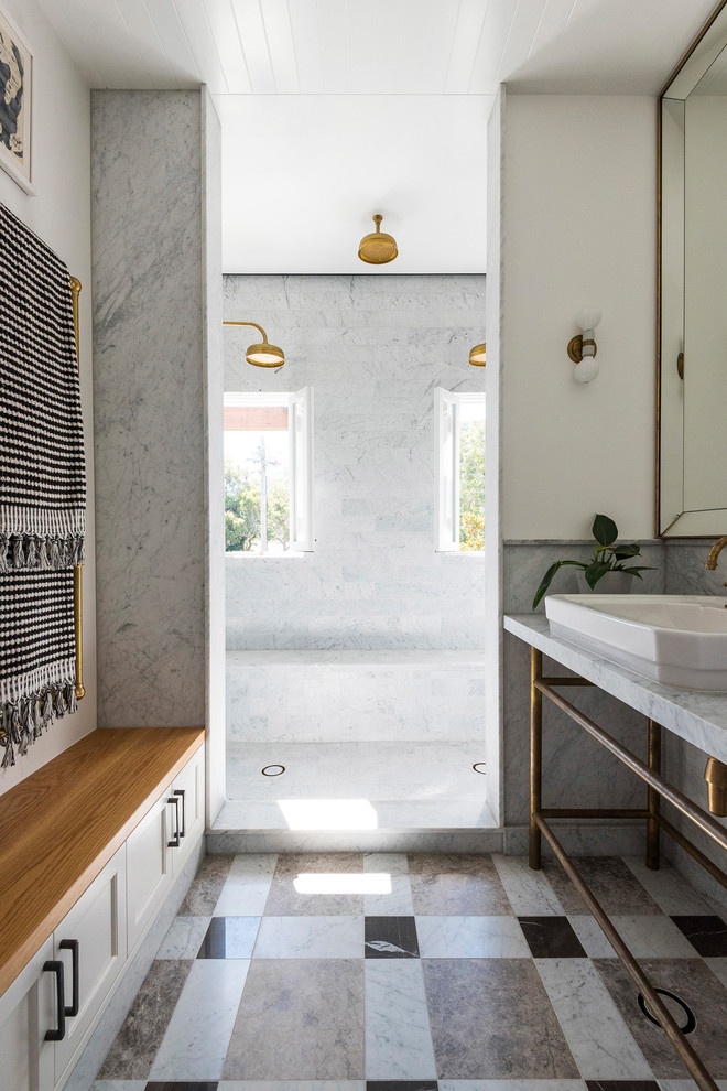 This is an example of a contemporary master bathroom in Sydney with open cabinets, an alcove shower, gray tile, marble, grey walls, a vessel sink, marble benchtops, multi-coloured floor, an open shower and grey benchtops.
