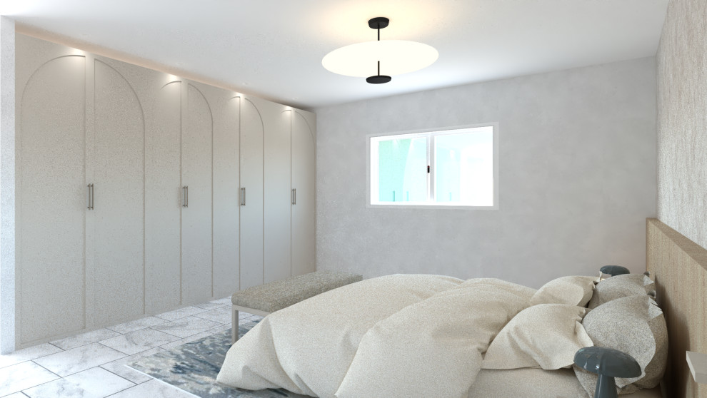 Diseño de dormitorio contemporáneo grande con paredes blancas, suelo de baldosas de porcelana, chimenea de doble cara, piedra de revestimiento, suelo blanco, bandeja y papel pintado