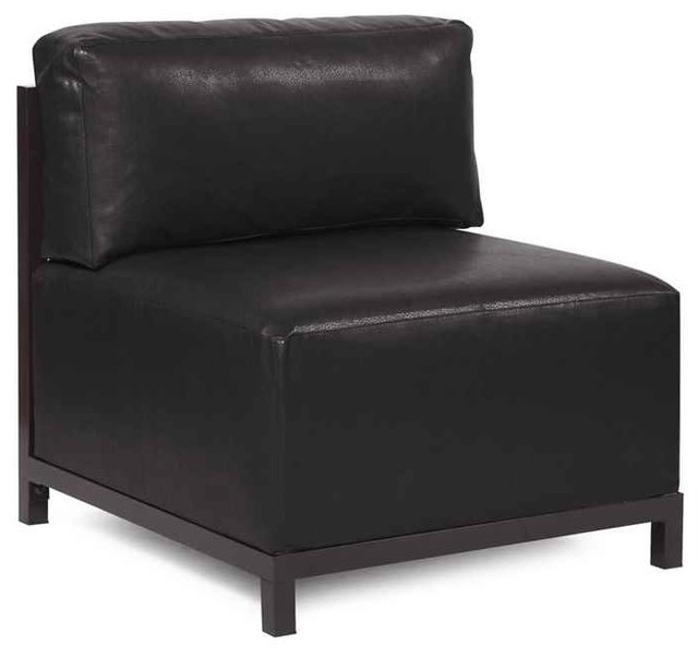 Black Armless Leather Accent Chair With Storage And Wooden ...