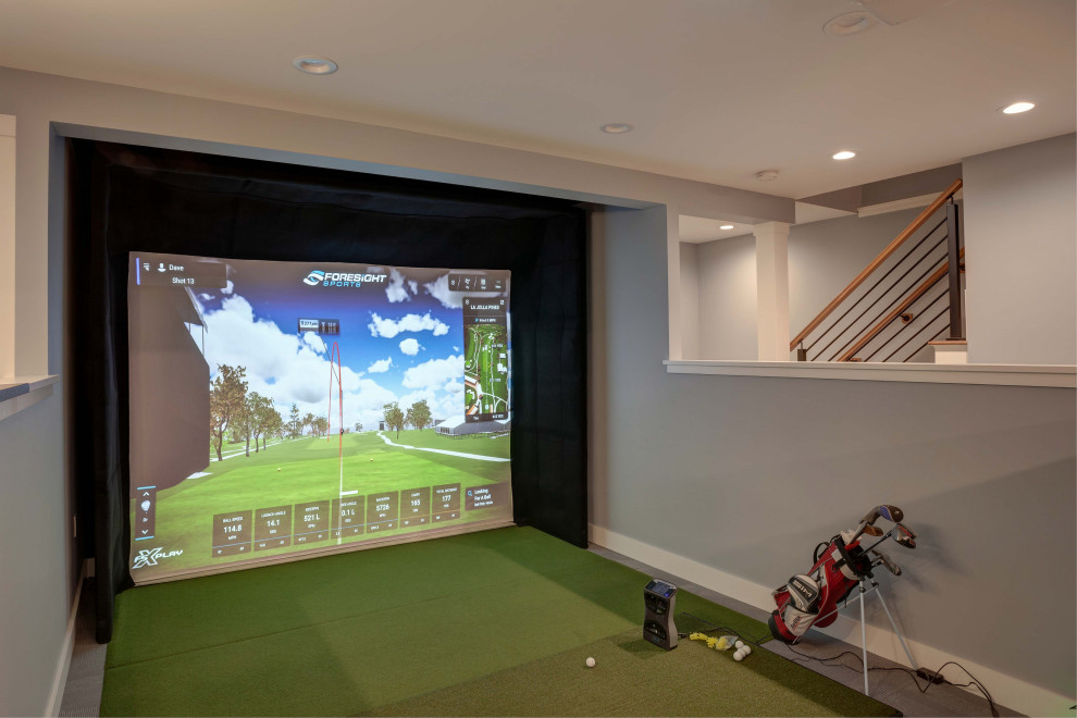 Inspiration for an expansive contemporary fully buried basement in Boston with a game room.
