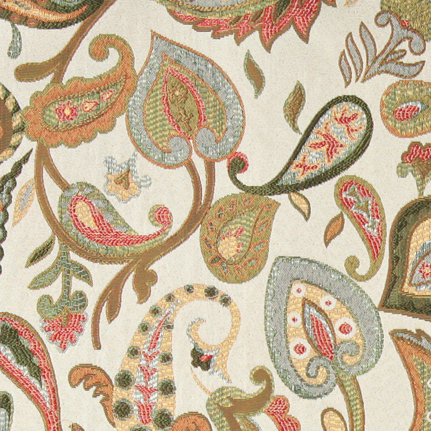 Green, Red, Yellow, Off White Paisley Contemporary Upholstery Fabric By The Yard