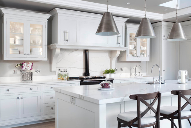 Painted Kitchen With Veined Quartz Countertops Contemporary
