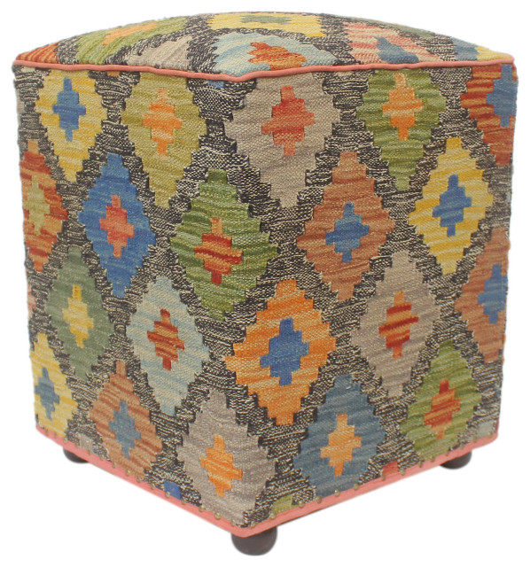 Retro Judah Handmade Kilim Upholstered Ottoman, 15 in. x 15 in. x 21 in. Southwestern