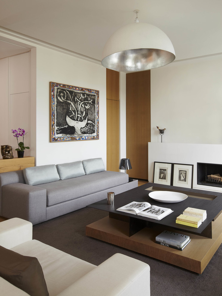 This is an example of a contemporary family room in Paris with white walls and a standard fireplace.