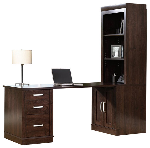 Sauder Office Port Library Desk With Hutch In Dark Alder